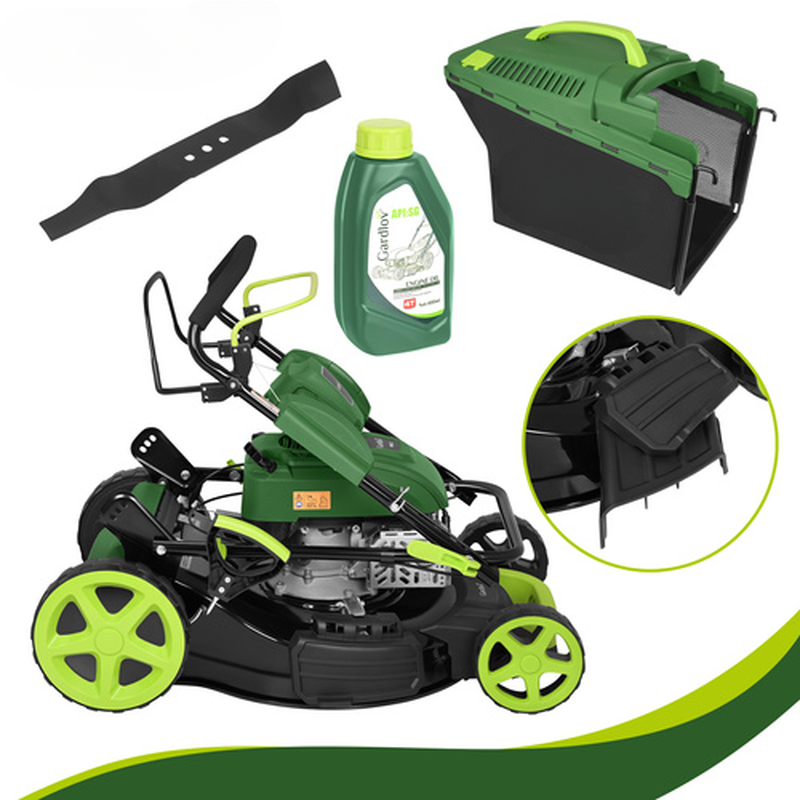 Masina de tuns gazonul pe benzina DriveXPro idealSTORE, Pornire manuala, Are 8 trepte de reglare, Autotractare 5.5 CP, Cos colector pentru iarba 60L, Latime taiere 508mm, Pornire usoara si utilizare simpla