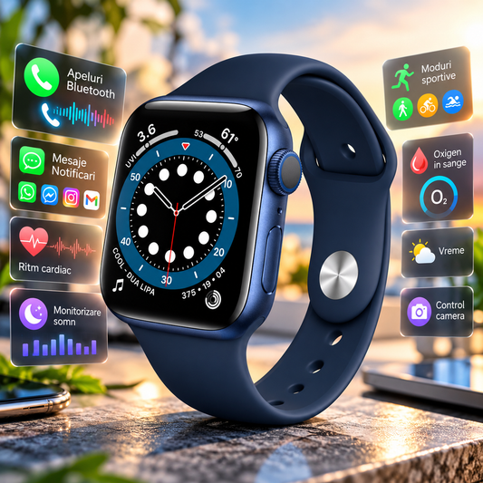 Smartwatch idealStore I Watch S6, Ecran Complet Tactil, Ecran Curbat 2.5D, Functie de Apel, Difuzor si Microfon incorporat, Functie Multi-Sport, Senzor ritm Cardiac, Pedometru, Monitor de Somn, Culoare Albastru