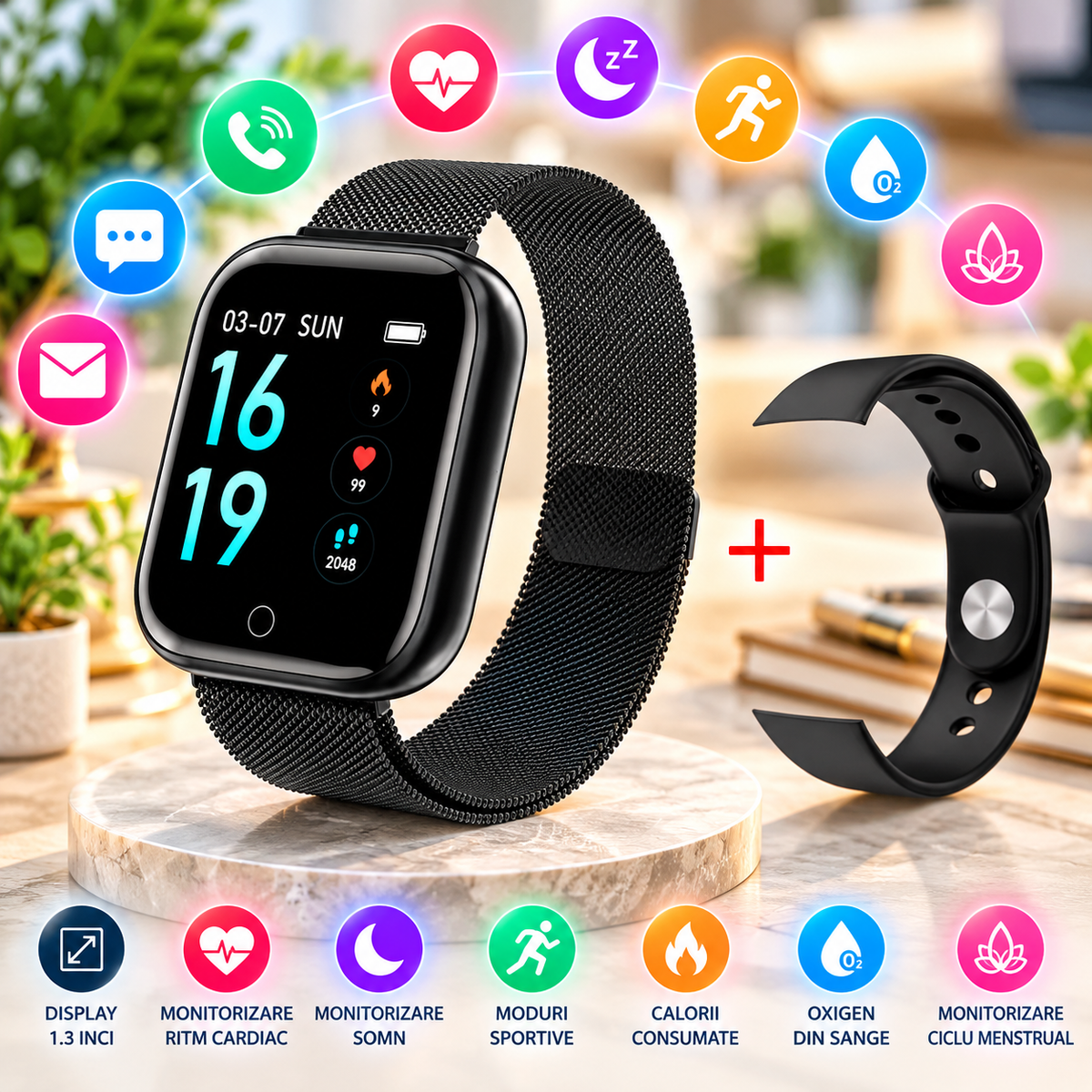 Ceas SmartWatch si Bratara Fitness IdealSTORE Tiger 70, Bratari de silicon si metal, Display de 1.45 inci, Design placut potrivit oricaror ocazii, Numeroase functii ce masoara pulsul si perioadele de sedentarism dar si timpul petrecut activ, Negru
