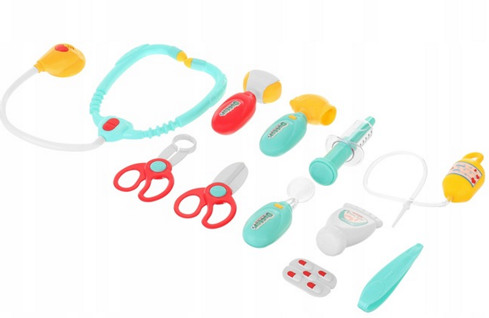 Trusa medicala copii Lovely Baby cu 12 accesorii, stetoscop, penseta, lupa, geanta transport