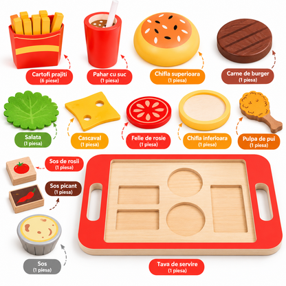 Set de joaca BurgerFood idealSTORE, Burger cu ingrediente detasabile din lemn, Stimuleaza creativitate