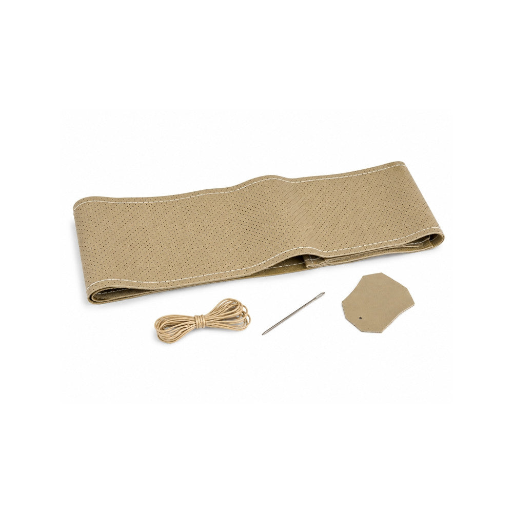 Husa volan auto idealSTORE, Piele Perforata, Model Premium, Contine Kit de Montaj Ac si Ata, Culoare Bej, Marime M 38 cm