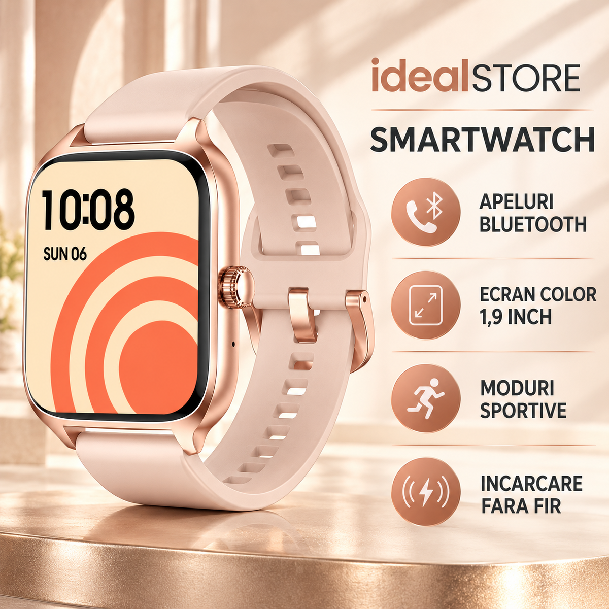 SmartWatch idealStore XiaBest, Apel Bluetooth, NFC, Asistent Vocal, urmarire GPS, Moduri sportive, Senzor Oxigen Caldura, Incarcare fara Fir, Frecventa Cardiaca, Tensiune Arteriala, Parola, Memento Menstrual, Curea Gold Rose din Silicon