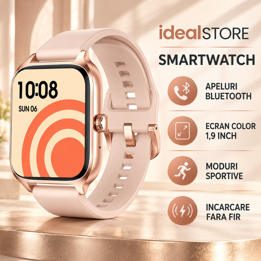 SmartWatch idealStore XiaBest, Apel Bluetooth, NFC, Asistent Vocal, urmarire GPS, Moduri sportive, Senzor Oxigen Caldura, Incarcare fara Fir, Frecventa Cardiaca, Tensiune Arteriala, Parola, Memento Menstrual, Curea Gold Rose din Silicon