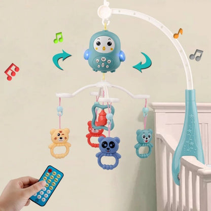 Carusel muzical rotativ cu telecomanda Happy Owl, Muzica si lumina, 5 Jucarii detasabile, Turcoaz