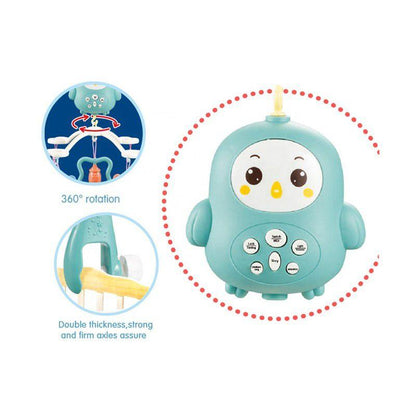 Carusel muzical rotativ cu telecomanda Happy Owl, Muzica si lumina, 5 Jucarii detasabile, Turcoaz