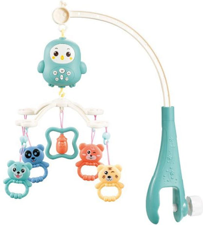 Carusel muzical rotativ cu telecomanda Happy Owl, Muzica si lumina, 5 Jucarii detasabile, Turcoaz