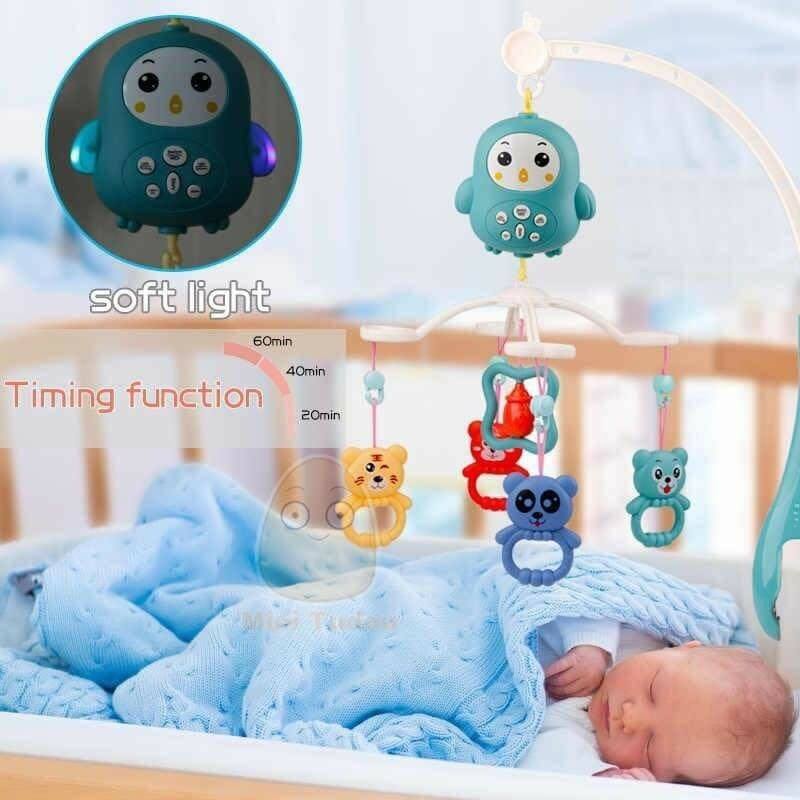 Carusel muzical rotativ cu telecomanda Happy Owl, Muzica si lumina, 5 Jucarii detasabile, Turcoaz