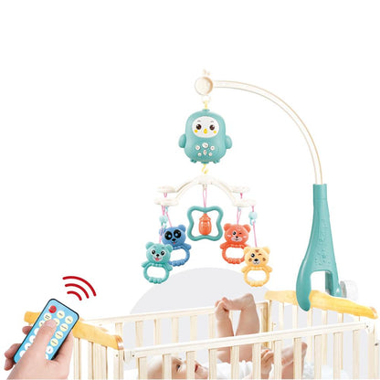 Carusel muzical rotativ cu telecomanda Happy Owl, Muzica si lumina, 5 Jucarii detasabile, Turcoaz