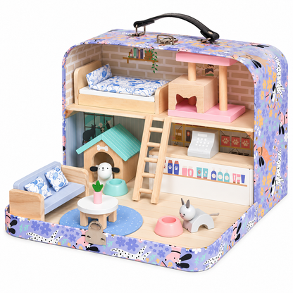 Casuta de papusi din lemn idealstore Pet House, tip valiza portabila si pliabila, cu 2 etaje, mobilier si accesorii miniaturale