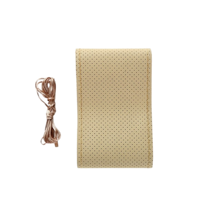 Husa volan auto idealSTORE, Piele Perforata, Model Premium, Contine Kit de Montaj Ac si Ata, Culoare Bej, Marime M 38 cm
