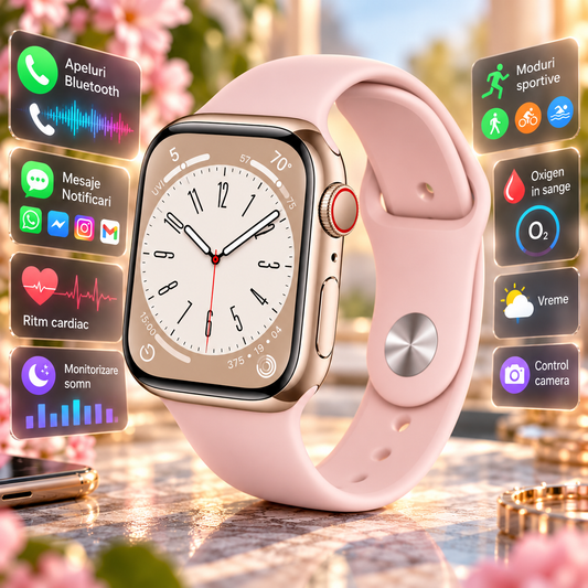 Smartwatch idealStore I Watch S6, Ecran Complet Tactil, Ecran Curbat 2.5D, Functie de Apel, Difuzor si Microfon incorporat, Functie Multi-Sport, Senzor ritm Cardiac, Pedometru, Monitor de Somn, Culoare Roz