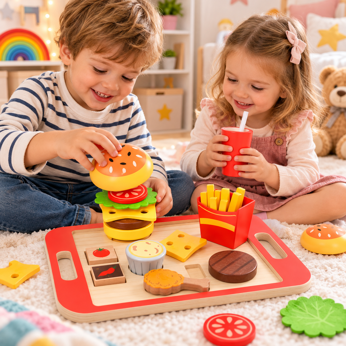 Set de joaca BurgerFood idealSTORE, Burger cu ingrediente detasabile din lemn, Stimuleaza creativitate