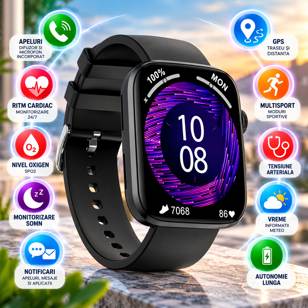 Smartwatch idealStore SportApple, Echipat cu Difuzor si Microfon, Efectuare Apeluri, Traseu GPS, mod multiSport, Senzor Ritm Cardiac, Tensiune, Nivel Oxigen, Ecran Curbat, Curea Silicon Negru