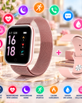 Ceas SmartWatch si Bratara Fitness IdealSTORE Tiger 70, Bratari de silicon si metal, Display de 1.45 inci, Design placut potrivit oricaror ocazii, Numeroase functii ce masoara pulsul si perioadele de sedentarism dar si timpul petrecut activ, Roz