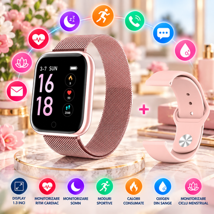 Ceas SmartWatch si Bratara Fitness IdealSTORE Tiger 70, Bratari de silicon si metal, Display de 1.45 inci, Design placut potrivit oricaror ocazii, Numeroase functii ce masoara pulsul si perioadele de sedentarism dar si timpul petrecut activ, Roz