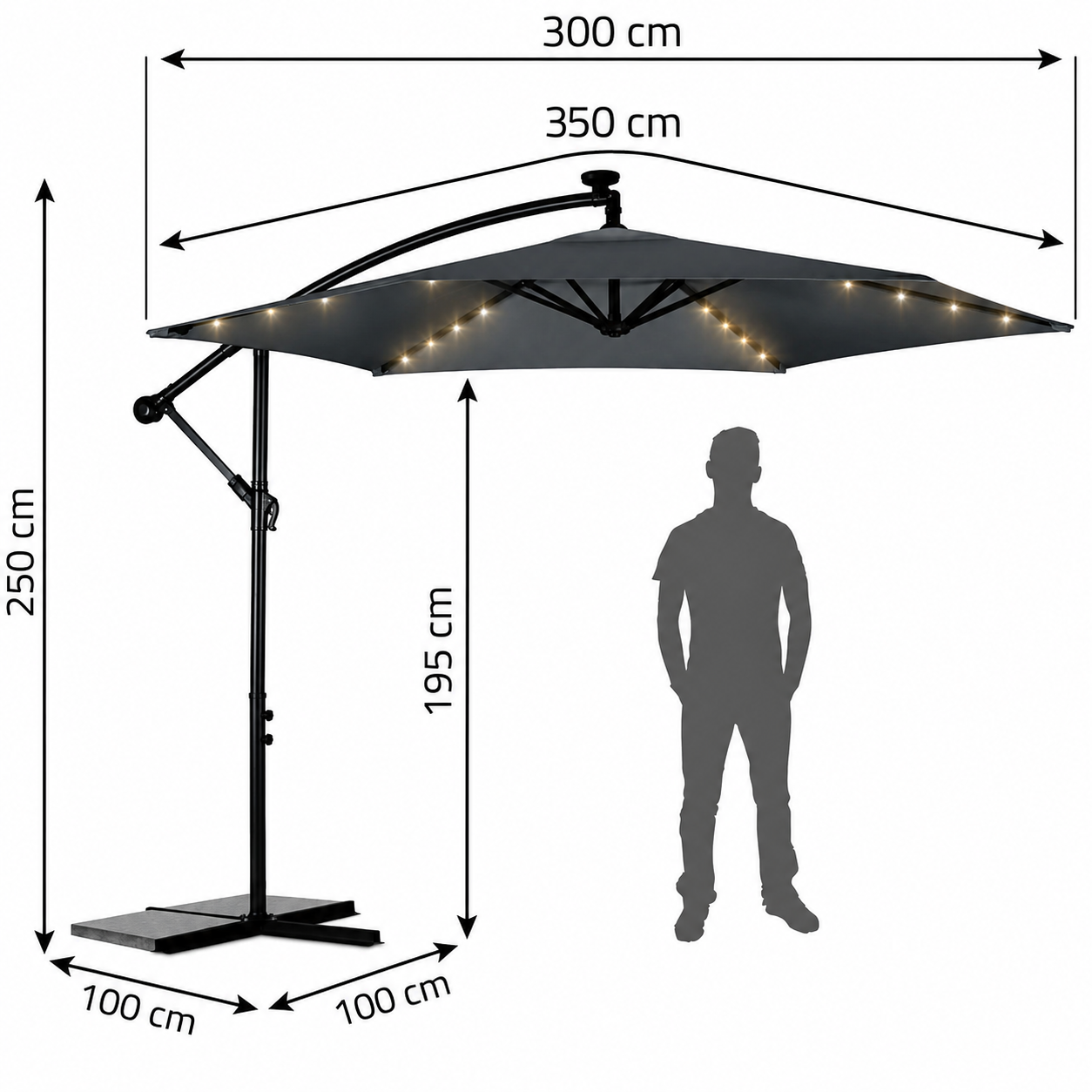 Umbrela de Gradina cu Lumini idealSTORE LightGarden, 24 de LED-uri incorporate, Deschidere 300 cm, Pliabila, Cadru Solid