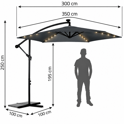Umbrela de Gradina cu Lumini idealSTORE LightGarden, 24 de LED-uri incorporate, Deschidere 300 cm, Pliabila, Cadru Solid