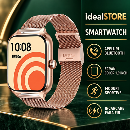 SmartWatch idealStore XiaBest, Apel Bluetooth, NFC, Asistent Vocal, urmarire GPS, Moduri sportive, Senzor Oxigen Caldura, Incarcare fara Fir, Frecventa Cardiaca, Tensiune Arteriala, Parola, Memento Menstrual, Curea Gold din Metal