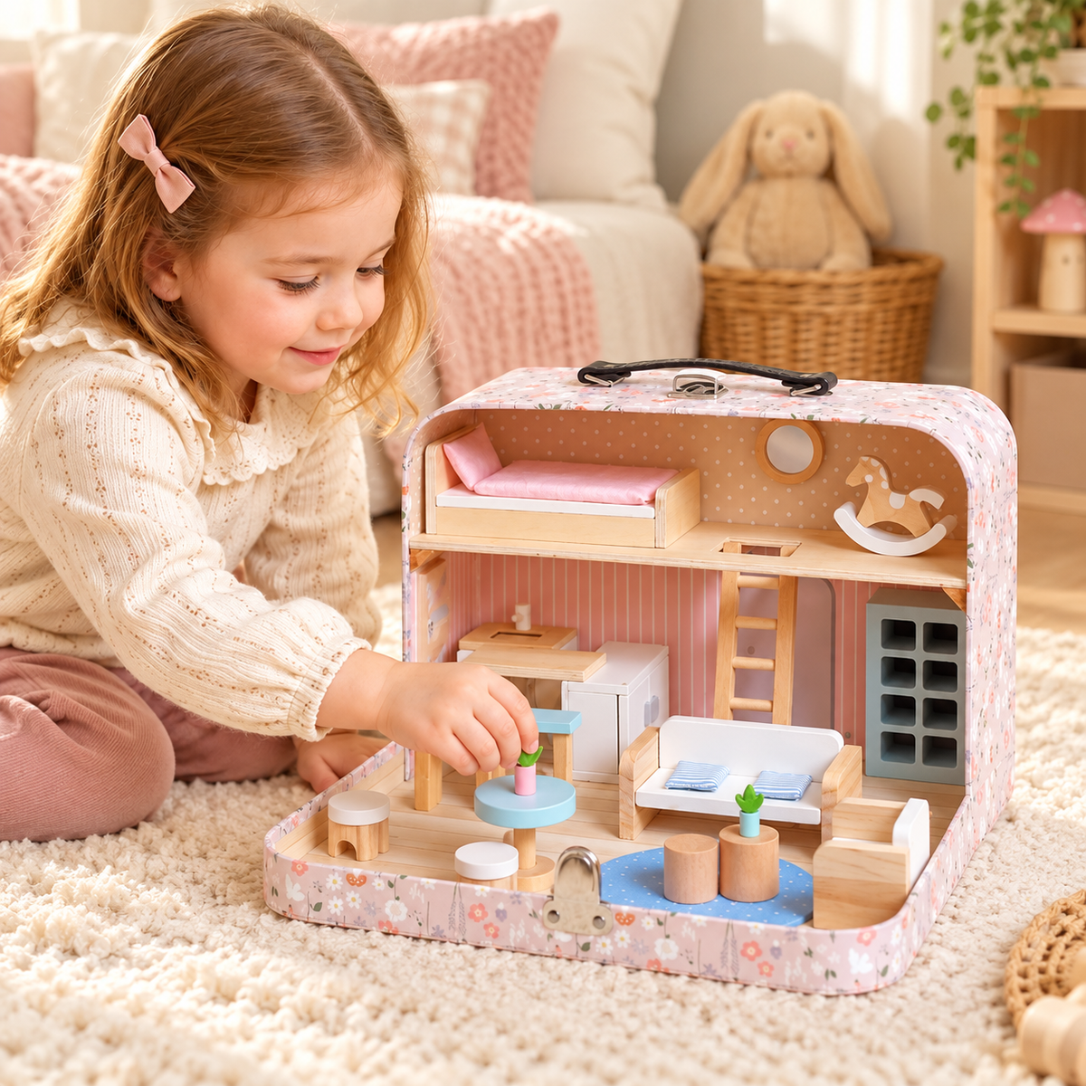Casuta de papusi tip valiza pliabila din lemn idealSTORE, cu 2 etaje, mobilier si accesorii miniaturale