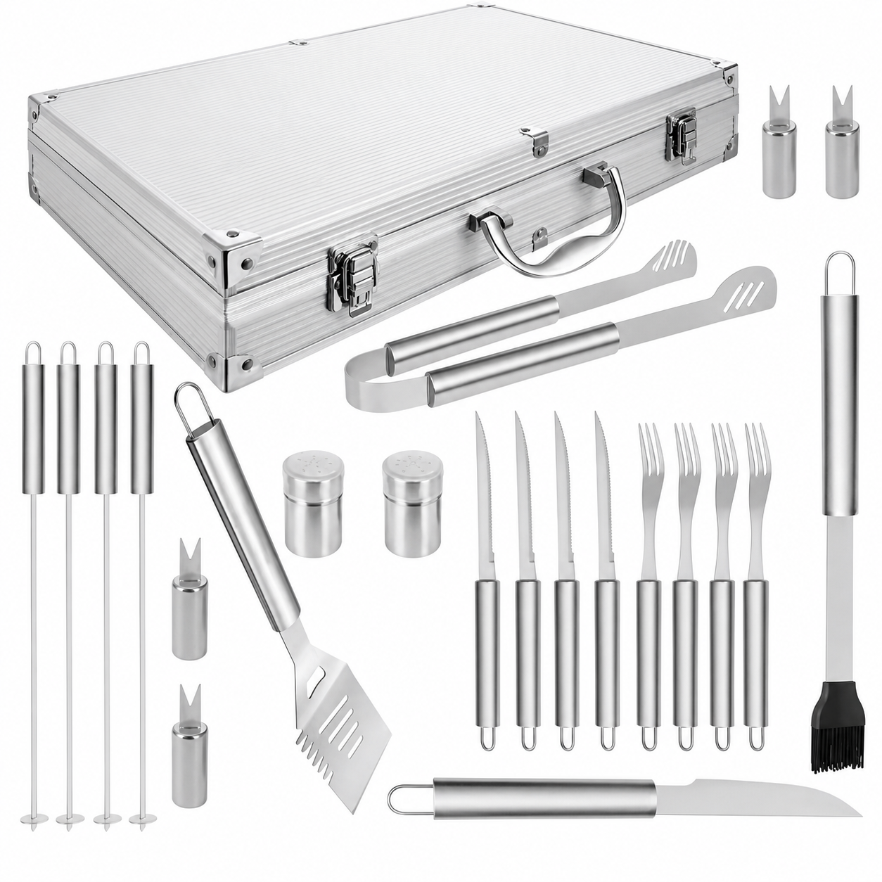 Set 26 ustensile si accesorii pentru gratar GrillMixx idealSTORE, Fabricate din otel inoxidabil, Calitate premium, Cutie de transport inclusa