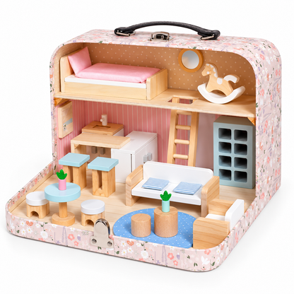 Casuta de papusi tip valiza pliabila din lemn idealSTORE, cu 2 etaje, mobilier si accesorii miniaturale
