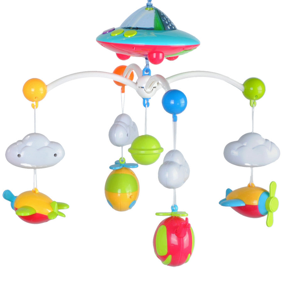 Carusel cu proiector luna si stele, muzica, telecomanda si 4 brate mobile cu jucarii atasate