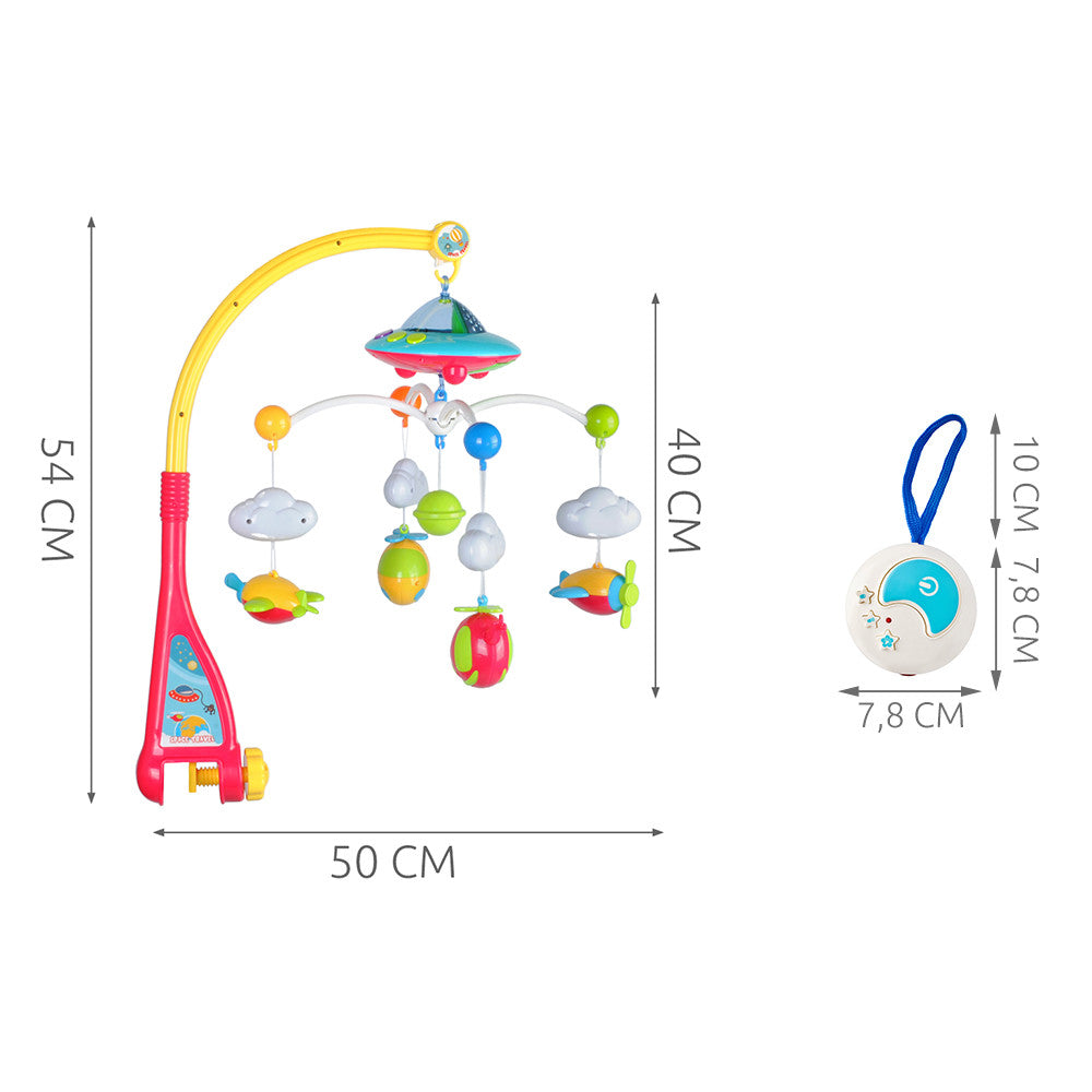 Carusel cu proiector luna si stele, muzica, telecomanda si 4 brate mobile cu jucarii atasate