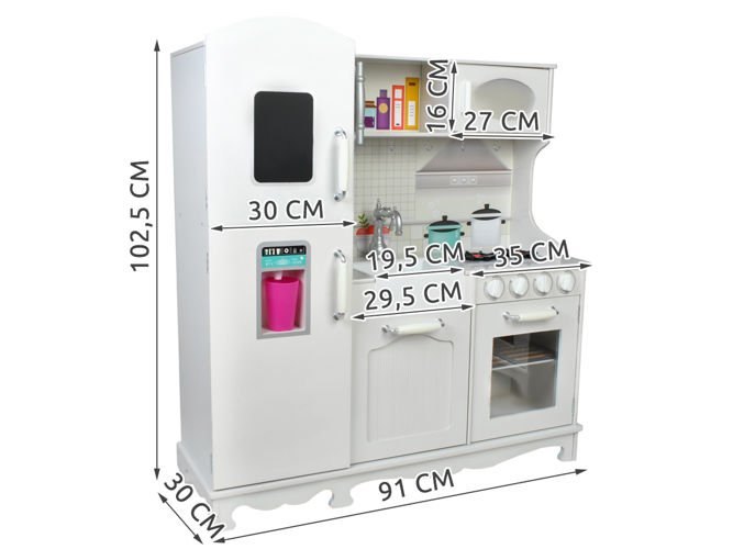Bucatarie traditionala, din lemn, pentru copii, Kruzzel, aragaz, cuptor cu microunde, chiuveta, 92.5x51x98cm, Alb