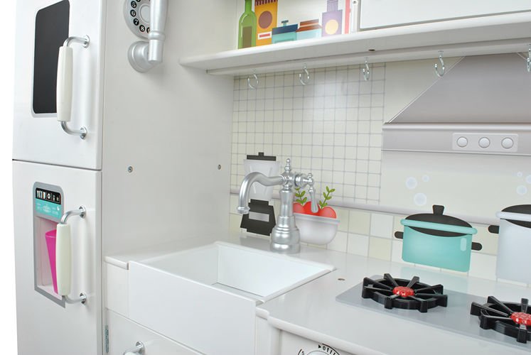 Bucatarie traditionala, din lemn, pentru copii, Kruzzel, aragaz, cuptor cu microunde, chiuveta, 92.5x51x98cm, Alb