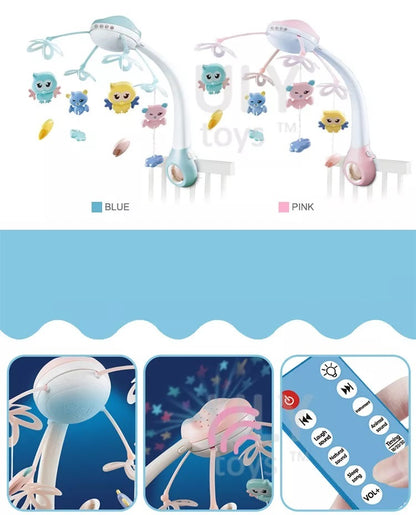 Carusel Muzical pentru patut, interactiv multifunctional, Rotire 360, sunete, lumini, proiector, 4 jucarii, +0 luni, Bleu