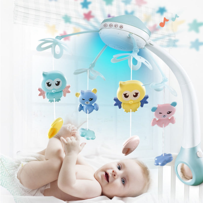 Carusel Muzical pentru patut, interactiv multifunctional, Rotire 360, sunete, lumini, proiector, 4 jucarii, +0 luni, Bleu