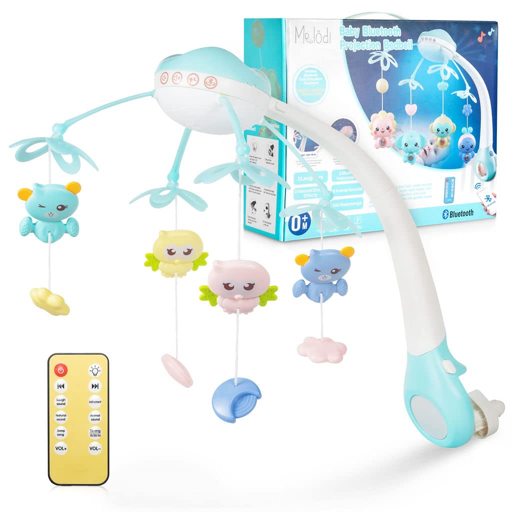 Carusel Muzical pentru patut, interactiv multifunctional, Rotire 360, sunete, lumini, proiector, 4 jucarii, +0 luni, Bleu