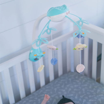 Carusel Muzical pentru patut, interactiv multifunctional, Rotire 360, sunete, lumini, proiector, 4 jucarii, +0 luni, Bleu