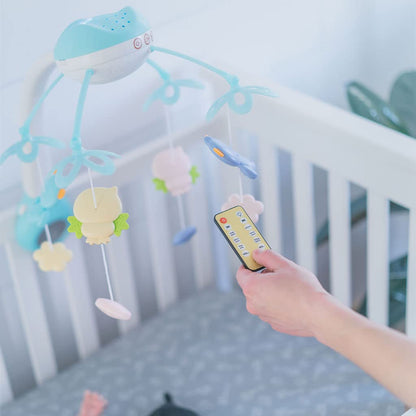 Carusel Muzical pentru patut, interactiv multifunctional, Rotire 360, sunete, lumini, proiector, 4 jucarii, +0 luni, Bleu