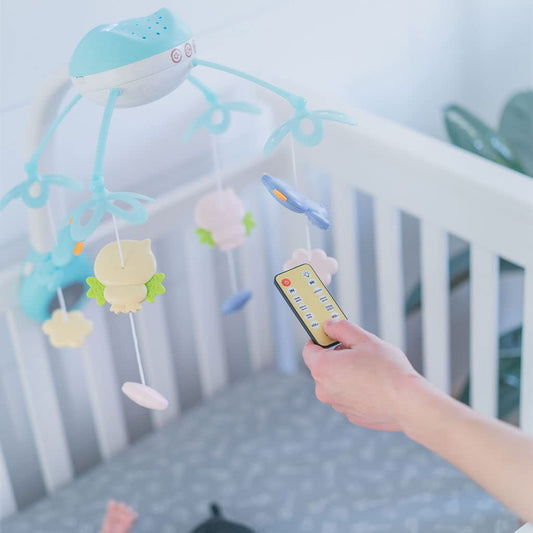 Carusel Muzical pentru patut, interactiv multifunctional, Rotire 360, sunete, lumini, proiector, 4 jucarii, +0 luni, Bleu