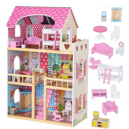 Casuta din lemn pentru papusi cu 12 accesorii mobilier, PROCART, 3 nivele, 59x30x90 cm