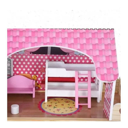 Casuta din lemn pentru papusi cu 12 accesorii mobilier, PROCART, 3 nivele, 59x30x90 cm