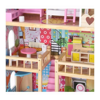 Casuta din lemn pentru papusi cu 12 accesorii mobilier, PROCART, 3 nivele, 59x30x90 cm