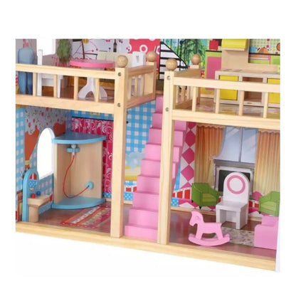 Casuta din lemn pentru papusi cu 12 accesorii mobilier, PROCART, 3 nivele, 59x30x90 cm