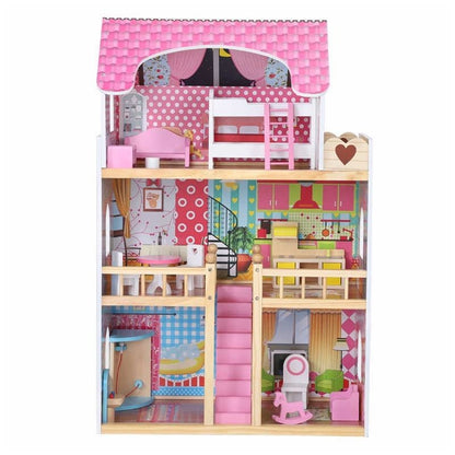 Casuta din lemn pentru papusi cu 12 accesorii mobilier, PROCART, 3 nivele, 59x30x90 cm