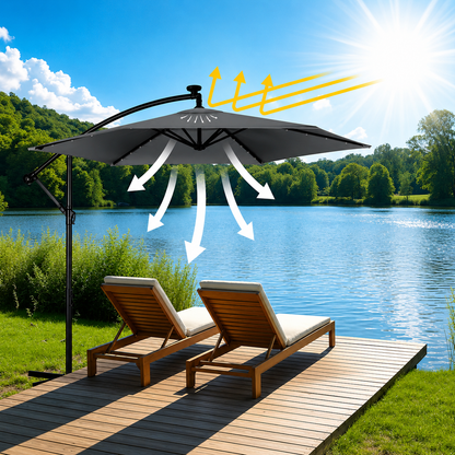 Umbrela de Gradina cu Lumini idealSTORE LightGarden, 24 de LED-uri incorporate, Deschidere 300 cm, Pliabila, Cadru Solid