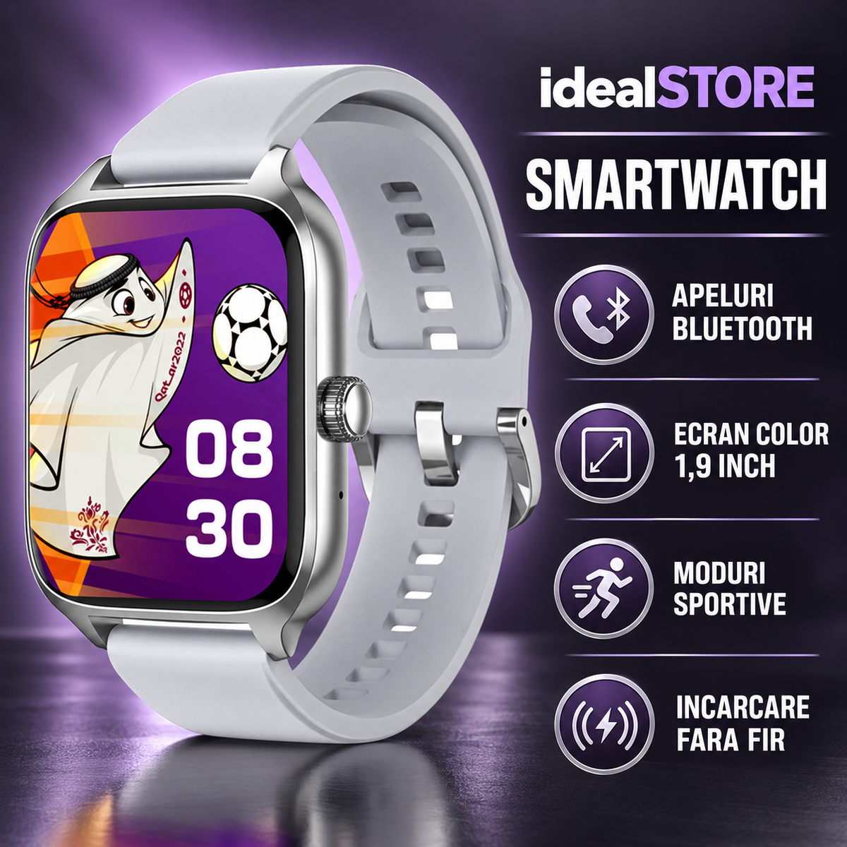 SmartWatch idealStore XiaBest, Apel Bluetooth, NFC, Asistent Vocal, urmarire GPS, Moduri sportive, Senzor Oxigen Caldura, Incarcare fara Fir, Frecventa Cardiaca, Tensiune Arteriala, Parola, Memento Menstrual, Curea Silver din Silicon
