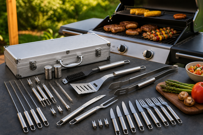 Set 26 ustensile si accesorii pentru gratar GrillMixx idealSTORE, Fabricate din otel inoxidabil, Calitate premium, Cutie de transport inclusa