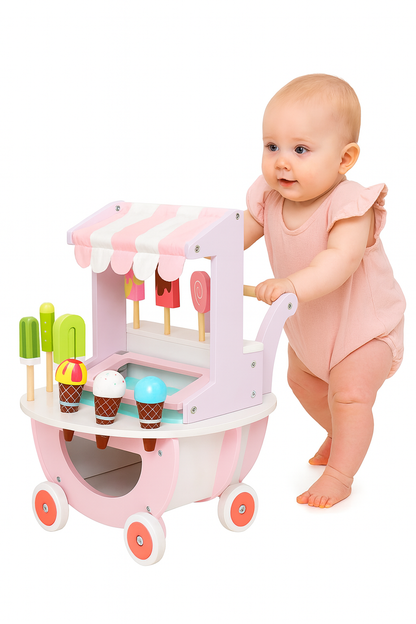Carucior de Inghetata Sweet Cream ideal STORE, Mobil, Dimensiune 41 x 19 x 44 cm, Din Lemn de inalta calitate, Include 10 accesorii, Ajuta la dezvoltarea imaginatiei si creativitatii, Pink Edition