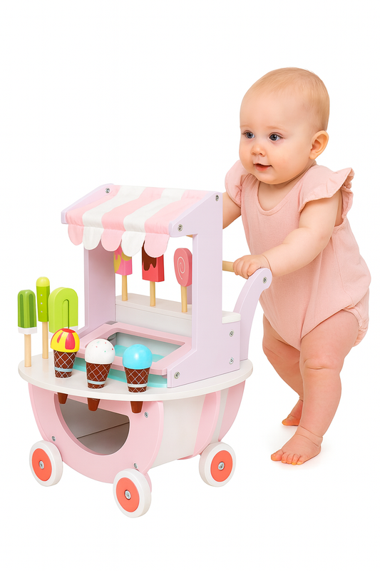 Carucior de Inghetata Sweet Cream ideal STORE, Mobil, Dimensiune 41 x 19 x 44 cm, Din Lemn de inalta calitate, Include 10 accesorii, Ajuta la dezvoltarea imaginatiei si creativitatii, Pink Edition