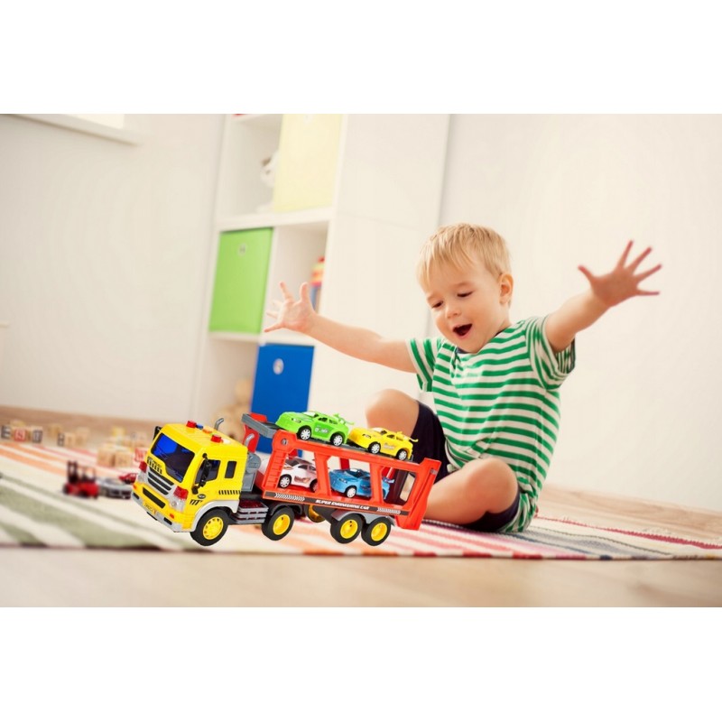 Camion cu platforma si 4 masinute incluse, cu sunete si lumini, 37 cm, MalPlay