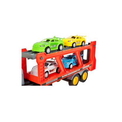 Camion cu platforma si 4 masinute incluse, cu sunete si lumini, 37 cm, MalPlay