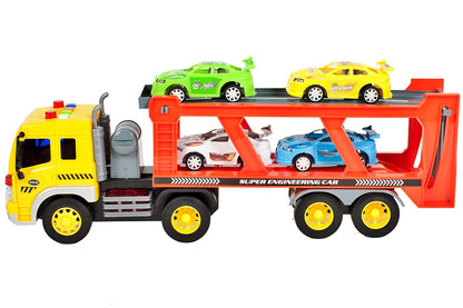 Camion cu platforma si 4 masinute incluse, cu sunete si lumini, 37 cm, MalPlay