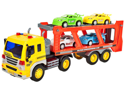 Camion cu platforma si 4 masinute incluse, cu sunete si lumini, 37 cm, MalPlay